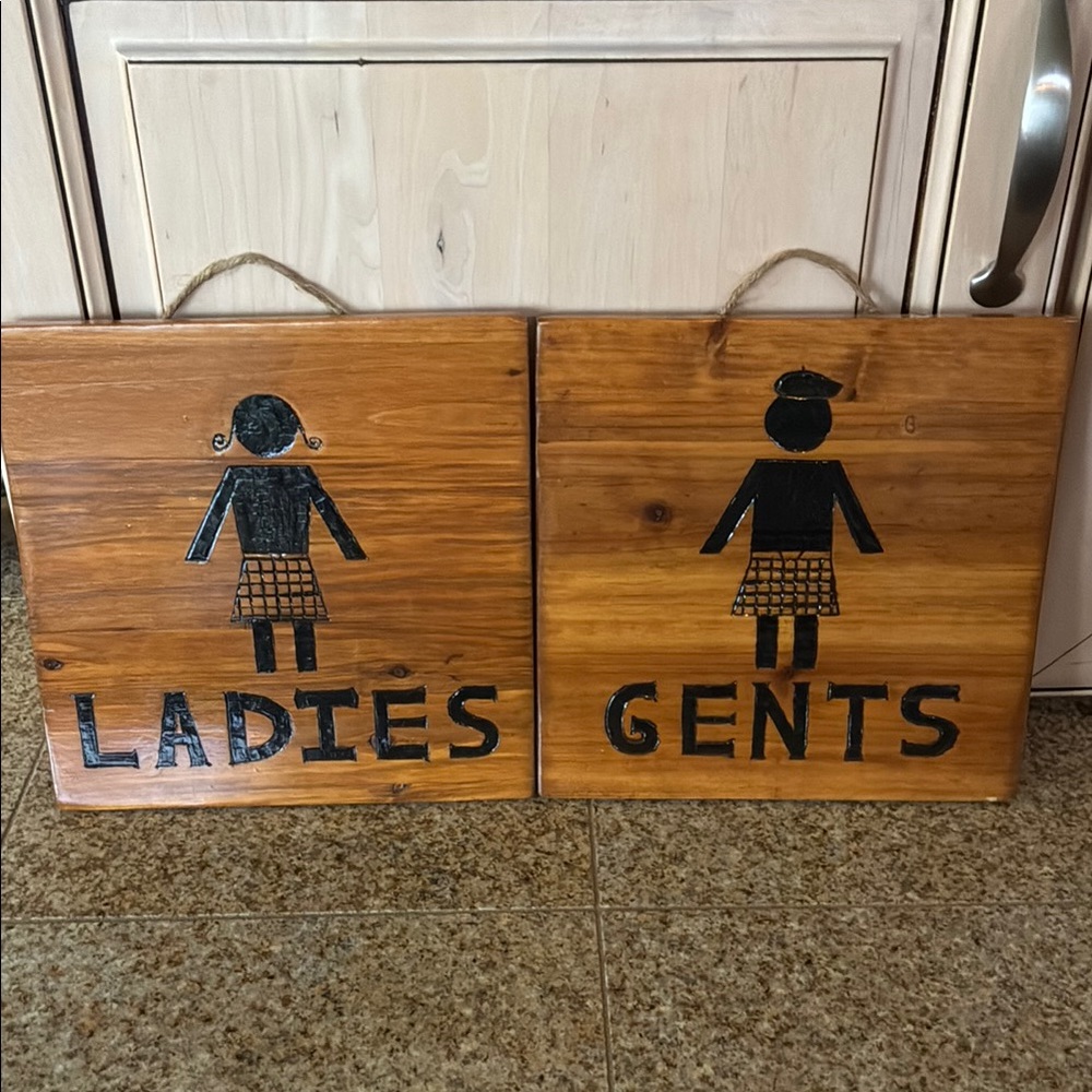 Rustic Wooden Ladies and Gents Celtic Bathroom Signs Lady in Dress Man in Kilt
